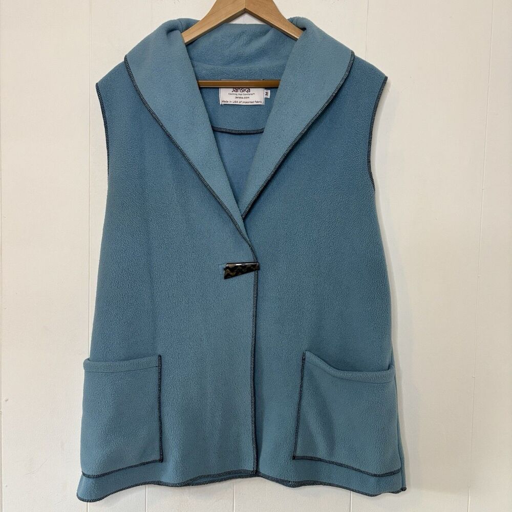 Janska Vest Womens Medium Blue Fleece Button Front Pockets Lagenlook Artsy USA